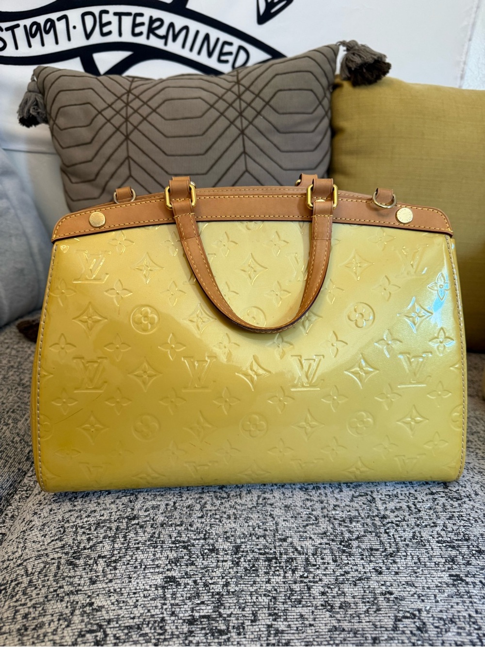 Louis Vuitton Yellow Vernis Alma Satchel with Tan Trim